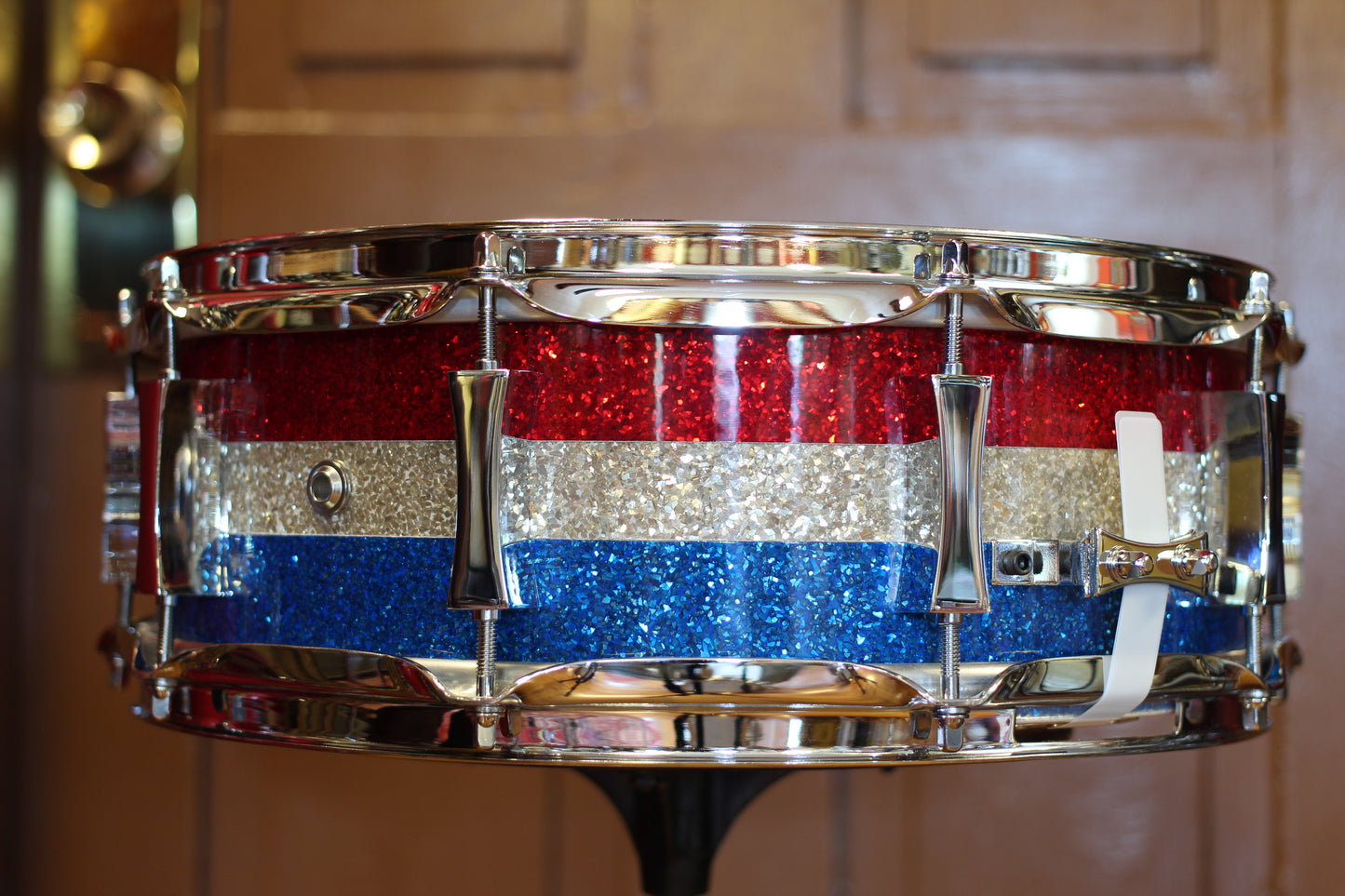 2022 Pork Pie Percussion Snare Drum 5"x14" in Red Silver Blue Banded Pearl