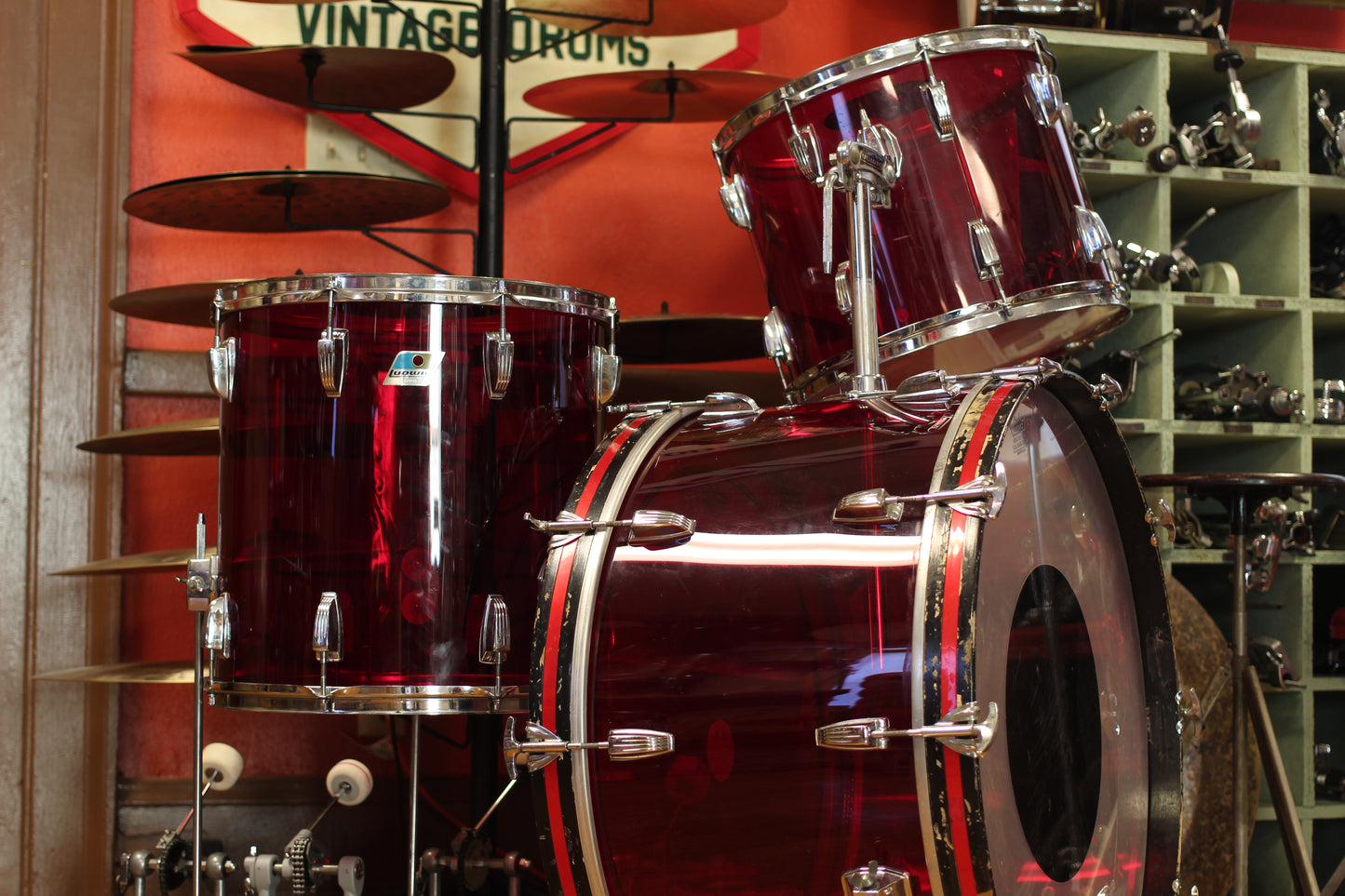 1970's Ludwig Vistalite 14x26 16x16 12x15 in Red Acrylic