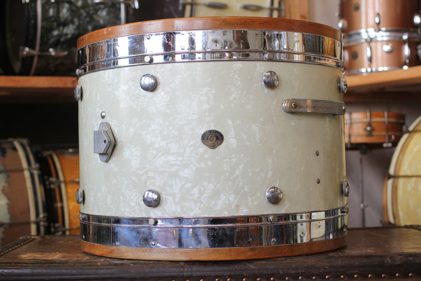 1950's Leedy & Ludwig Knob Tension in White Marine Pearl 14x22 16x16 9x13 5.5x14