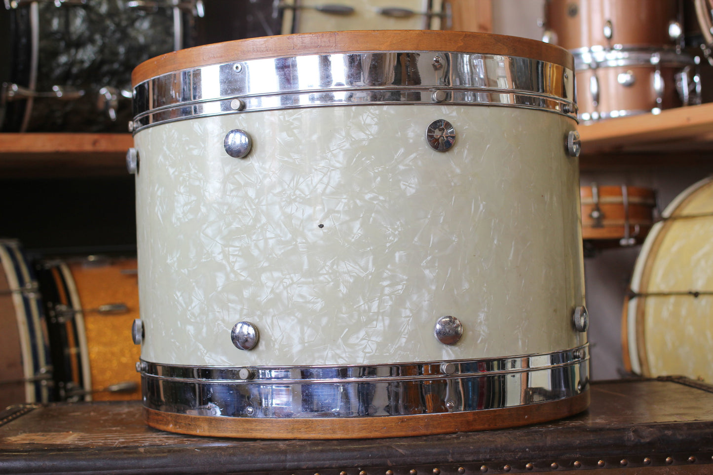 1950's Leedy & Ludwig Knob Tension in White Marine Pearl 14x22 16x16 9x13 5.5x14