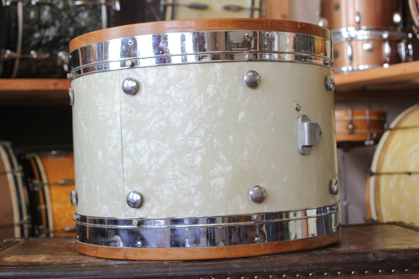 1950's Leedy & Ludwig Knob Tension in White Marine Pearl 14x22 16x16 9x13 5.5x14