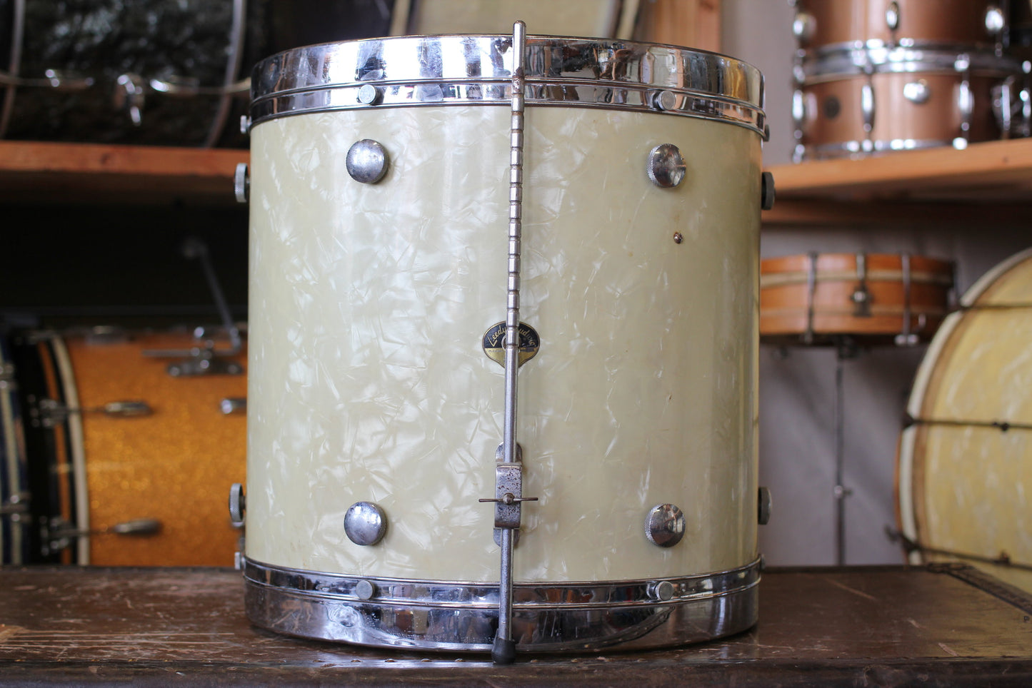 1950's Leedy & Ludwig Knob Tension in White Marine Pearl 14x22 16x16 9x13 5.5x14