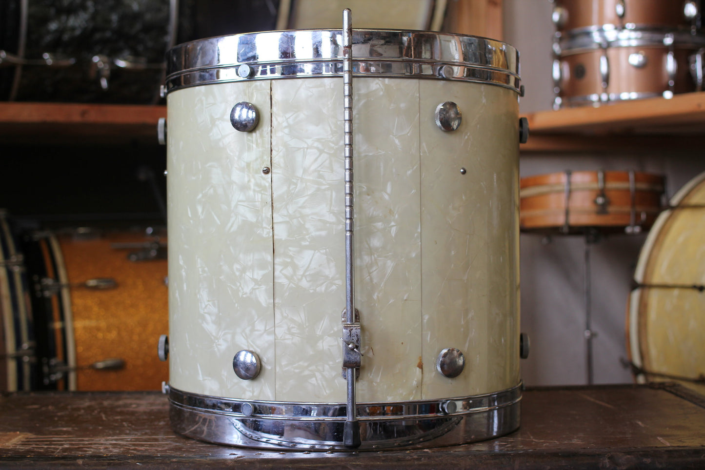 1950's Leedy & Ludwig Knob Tension in White Marine Pearl 14x22 16x16 9x13 5.5x14