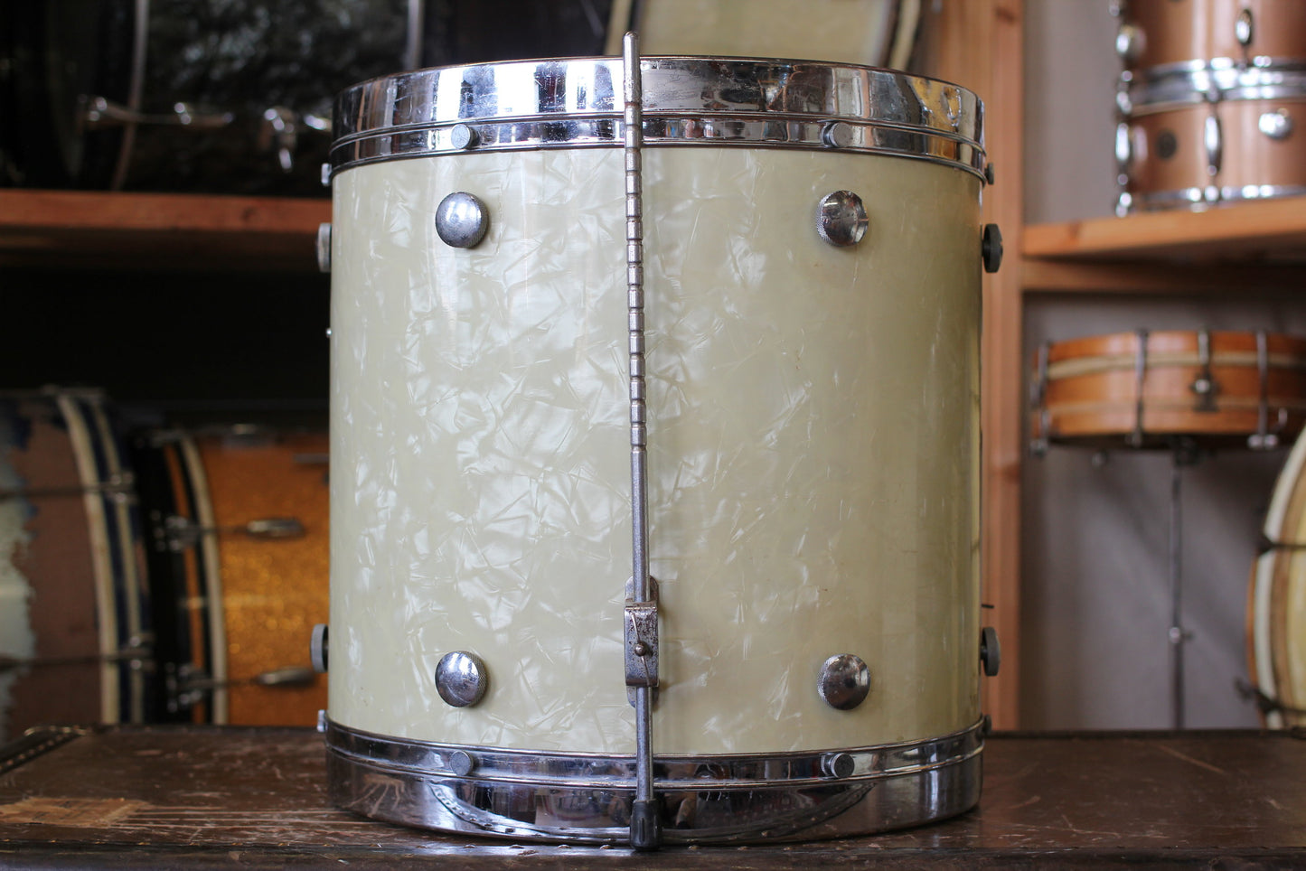 1950's Leedy & Ludwig Knob Tension in White Marine Pearl 14x22 16x16 9x13 5.5x14