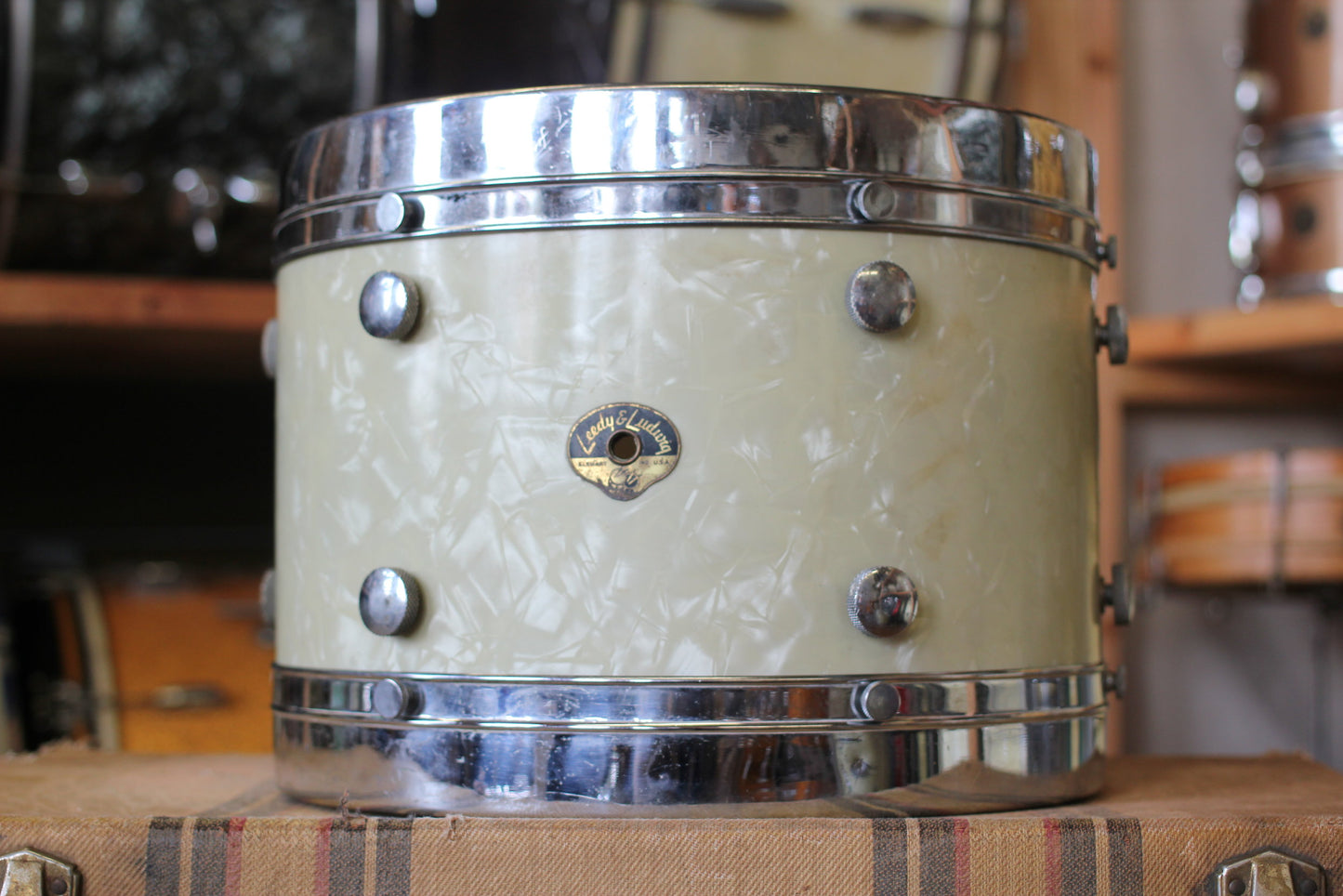 1950's Leedy & Ludwig Knob Tension in White Marine Pearl 14x22 16x16 9x13 5.5x14