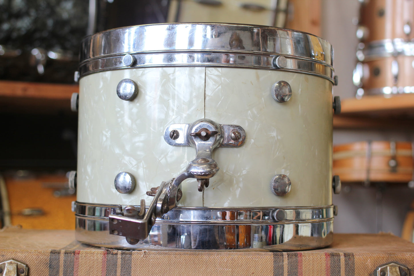 1950's Leedy & Ludwig Knob Tension in White Marine Pearl 14x22 16x16 9x13 5.5x14