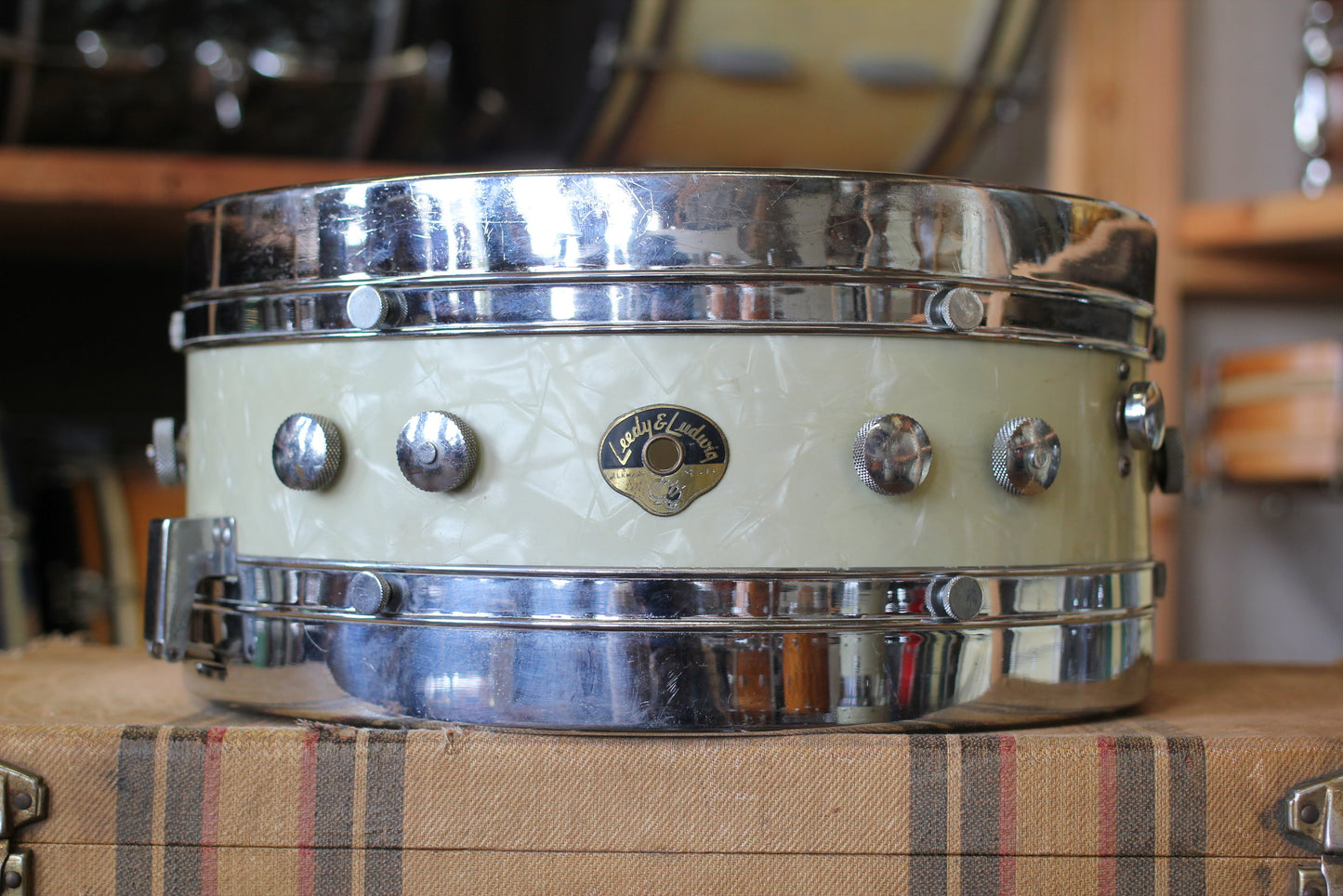 1950's Leedy & Ludwig Knob Tension in White Marine Pearl 14x22 16x16 9x13 5.5x14