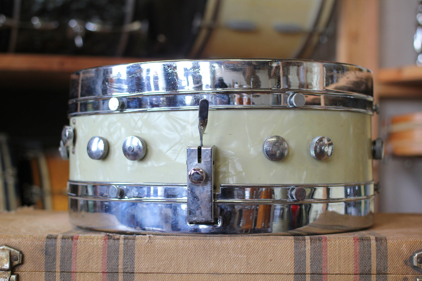 1950's Leedy & Ludwig Knob Tension in White Marine Pearl 14x22 16x16 9x13 5.5x14