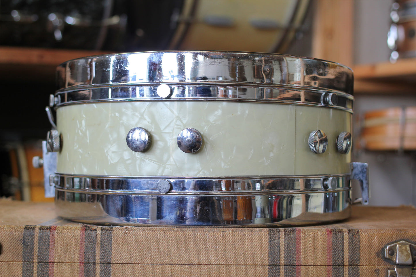 1950's Leedy & Ludwig Knob Tension in White Marine Pearl 14x22 16x16 9x13 5.5x14