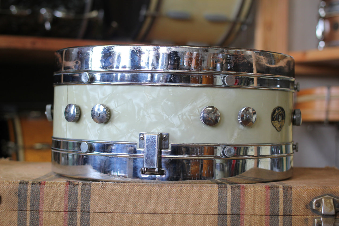 1950's Leedy & Ludwig Knob Tension in White Marine Pearl 14x22 16x16 9x13 5.5x14